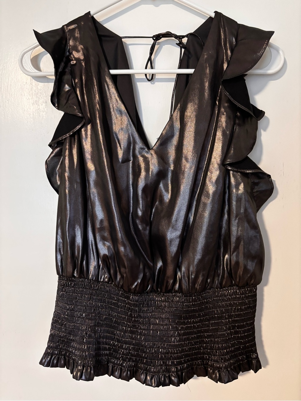 Nine West Shimmering Black Metallic Satin V-Neck Tank